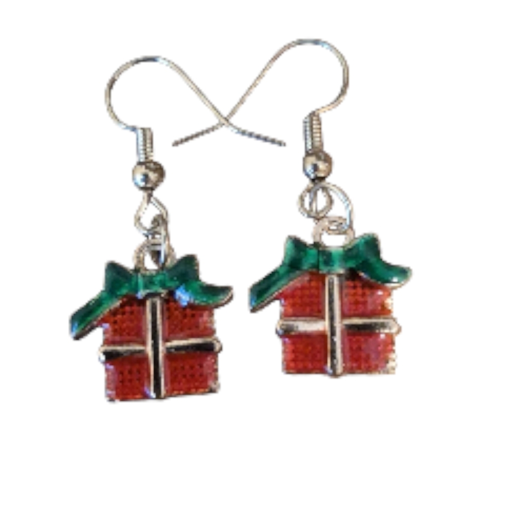 Festive Gift Box Earrings with Green and Red Accents